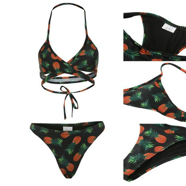 Mujeres Push Up Swimsuit Back Strappy Pineapple Print Bikini Set Beachwear 